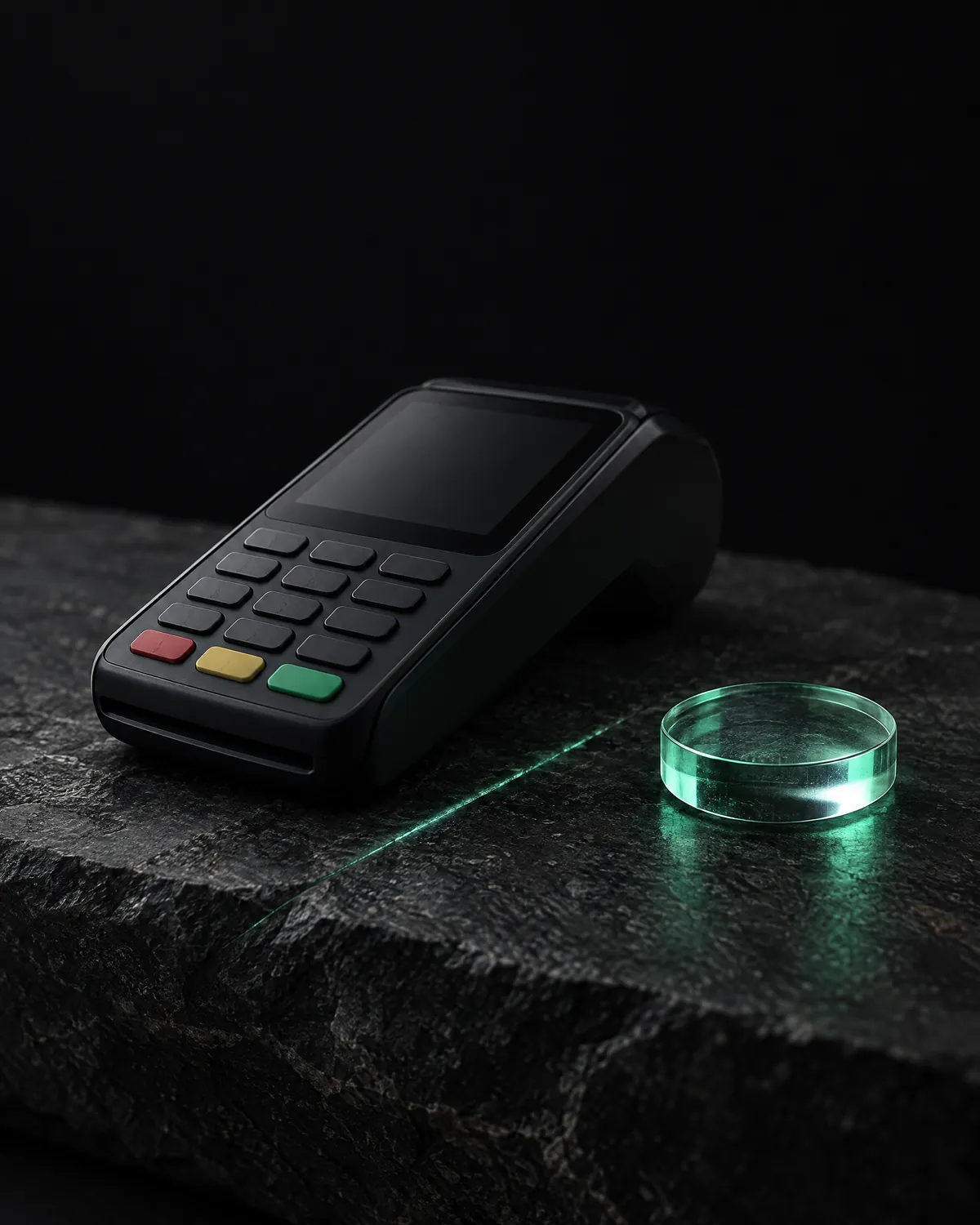 A card terminal and a glass disc on dark stone, joined by a thin mint line