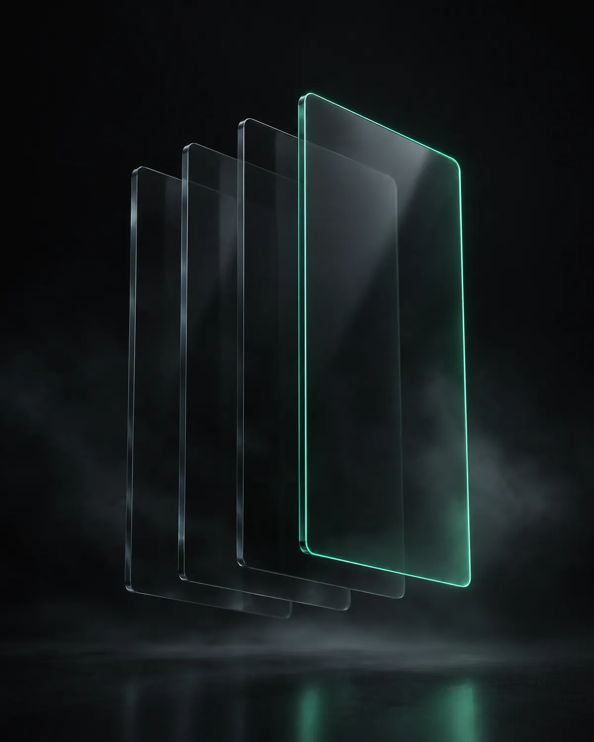 Layered panels of dark glass, the front one edged in mint light