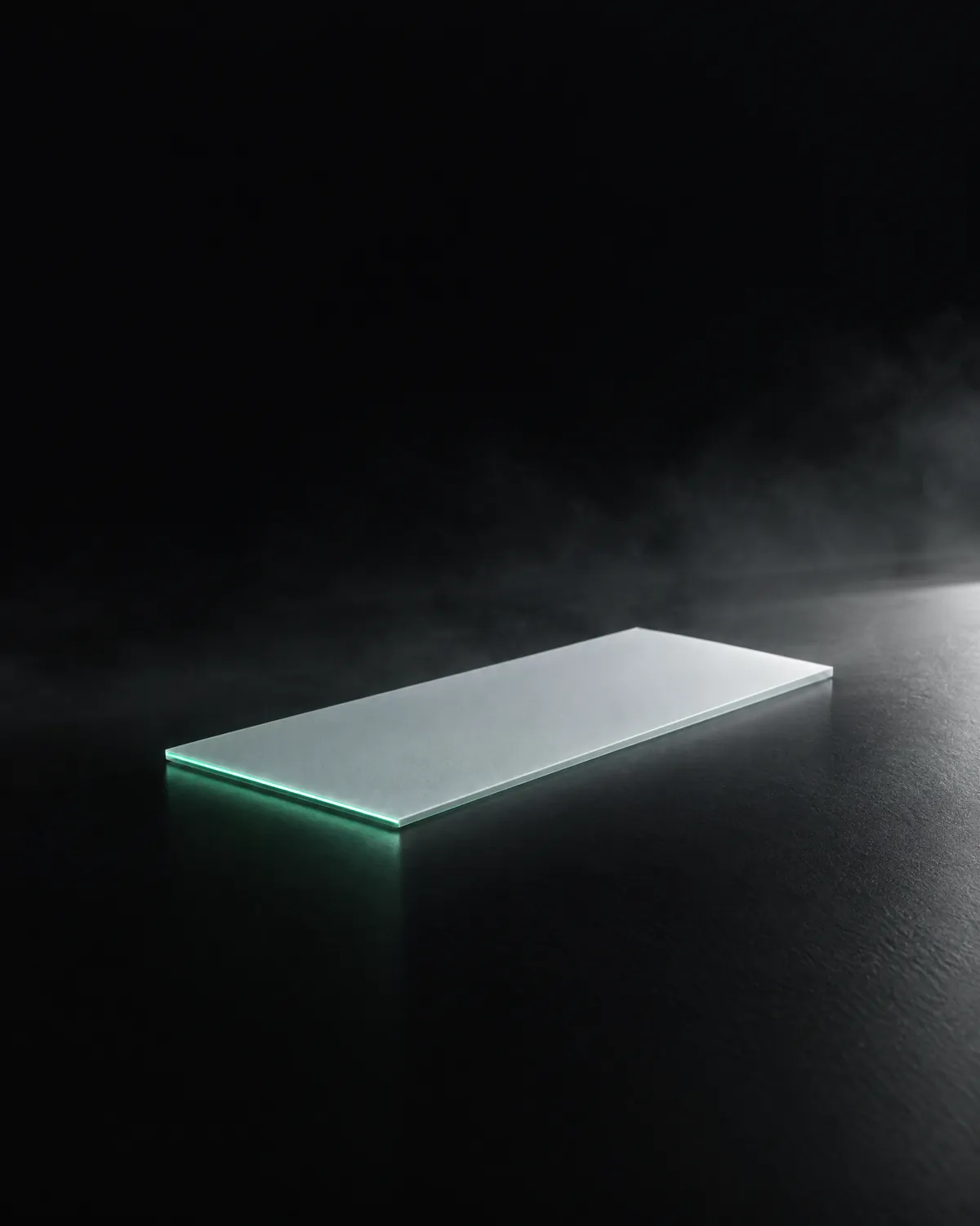 A slim frosted-glass slab lit by a single mint line, like a receipt