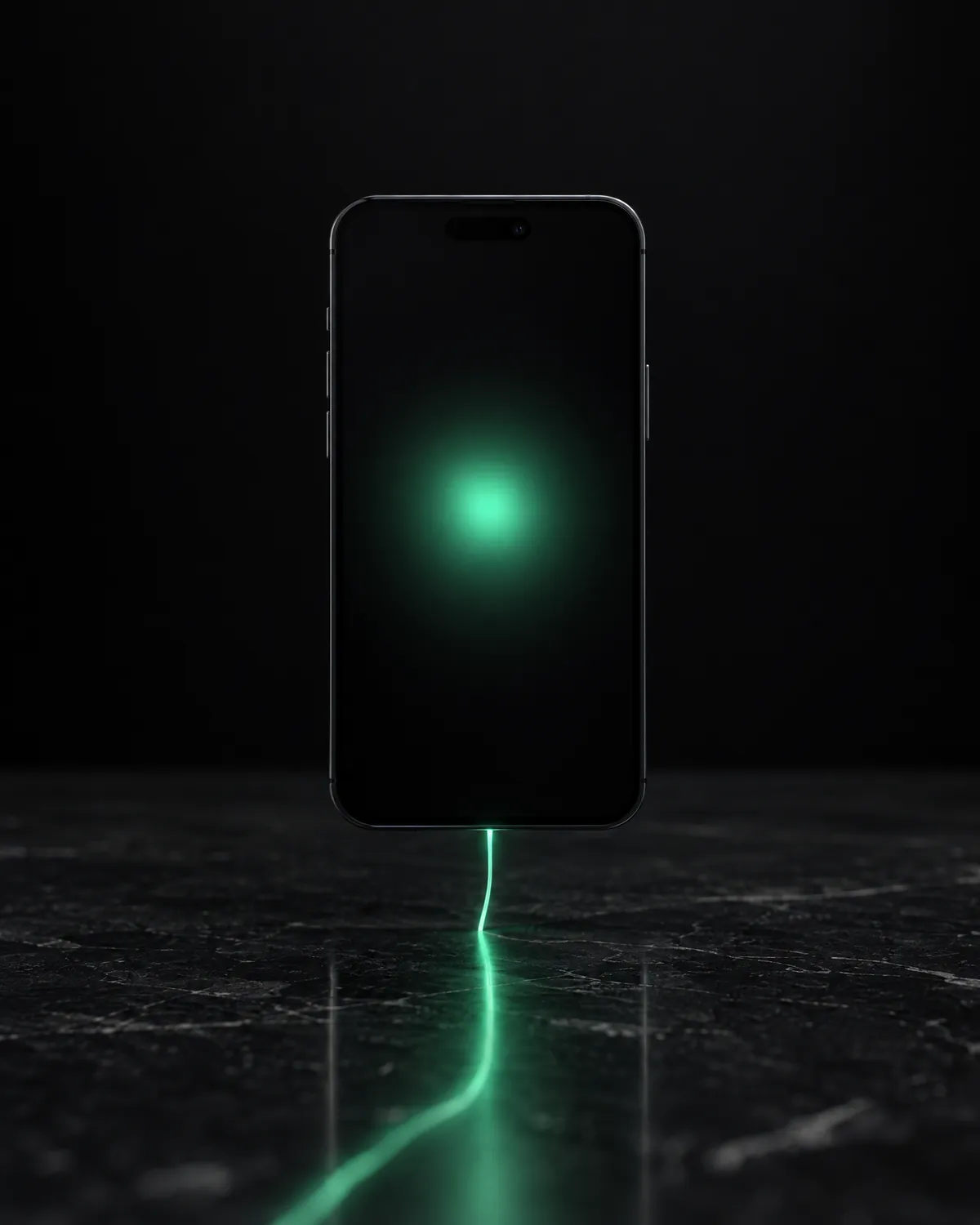 A phone standing on dark stone with a thread of mint light entering it from below